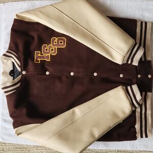 Mens Large Faux Leather Bomber Varsity Jacket